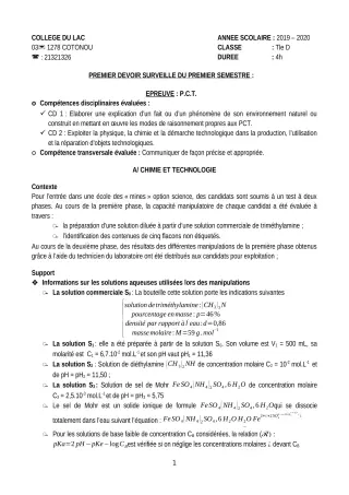Première page de PCT Tle D — 1er devoir surveillé, 1er semestre (2019-2020) · CEG du Lac