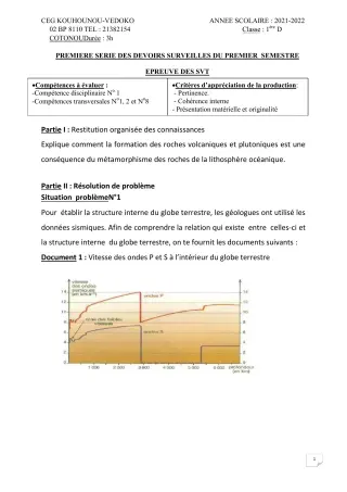 Première page de SVT 1ère D — 1er devoir surveillé, 1er semestre (2021-2022) · CEG Kouhounou-Vêdoko