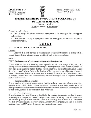 Première page de Anglais 2nde A & B — 1re production scolaire, 2e semestre (2021-2022) · Lycée Toffa 1er