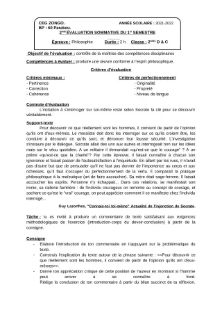 Première page de Philosophie 2nde C, 2nde D — 2e évaluation sommative, 1er semestre (2021-2022) · CEG ZONGO