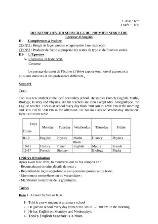 Première page de Anglais 6e — 2e devoir surveillé, 1er semestre (2019-2020) · CEG Le Littoral