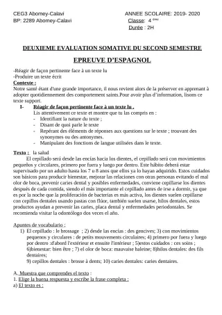 Première page de Espagnol 4e ML, 3e ML — 2e semestre (2019-2020) · CEG3 ABOMEY CALAVI