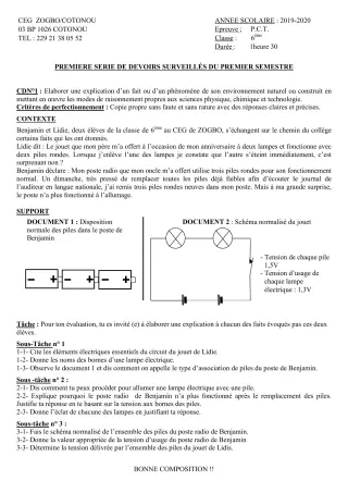 Première page de PCT 6e — 1er devoir surveillé, 1er semestre (2019-2020) · CEG ZOGBO