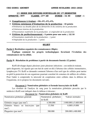 Première page de SVT 2nde A2 — 1er devoir surveillé, 1er semestre (2022-2023) · CEG GOHO