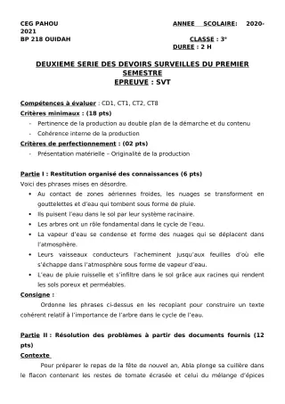 Première page de SVT 3e, 3e ML — 2e devoir surveillé, 1er semestre (2020-2021) · CEG PAHOU
