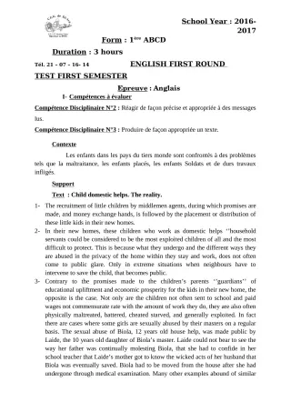 Première page de Devoir surveillé de ANGLAIS — 1ère A1, 1ère A2, 1ère B, 1ère D — CEG Sô-Ava (2018)