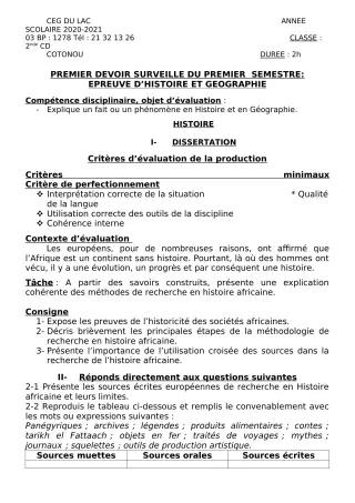 Première page de Histoire-Géographie 2nde C, 2nde D — 1er devoir surveillé, 1er semestre (2020-2021) · CEG du Lac