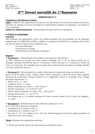Première page de PCT 2nde C, 2nde D — 2e devoir surveillé (2019-2020) · CEG Yagbe