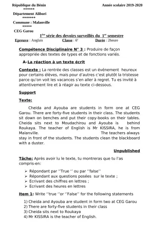 Première page de Anglais 6e — 1er devoir surveillé (2019-2020) · CEG GAROU