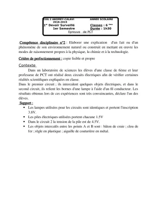 Première page de PCT 6e — 1er devoir surveillé, 1er semestre (2018-2019) · CEG2 ABOMEY - CALAVI (CEG ZOCA)