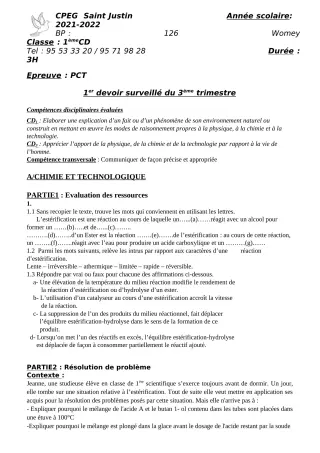 Première page de PCT 4e, 1ère D — 1er devoir surveillé, 3e trimestre (2021-2022) · CPEG SAINT Justin