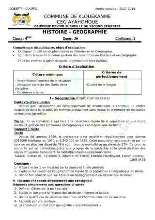 Première page de Histoire-Géographie 6e, 5e, 4e, 4e ML, 4e ML&MC, 3e, 3e ML — 2e devoir surveillé, 2e semestre (2019-2020) · CEG AYAHOHOUE