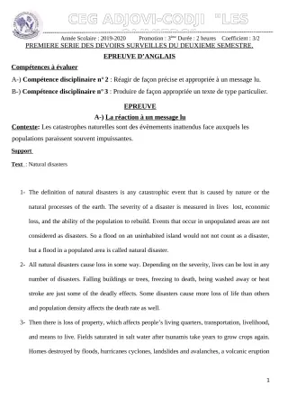 Première page de Anglais 3e ML — 1er devoir surveillé, 2e semestre (2019-2020) · CEG ADJOVICODJI 'LES OLIVIERS'