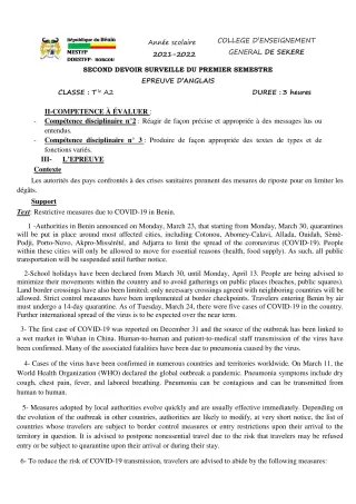 Première page de Anglais Tle A2 — 2e devoir surveillé, 1er semestre (2021-2022) · CEG SEKERE