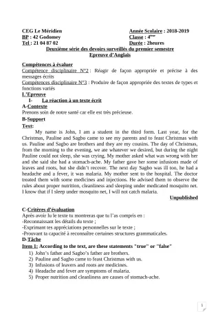 Première page de Anglais 4e, 4e ML — 2e devoir surveillé, 1er semestre (2018-2019) · CEG Le Méridien