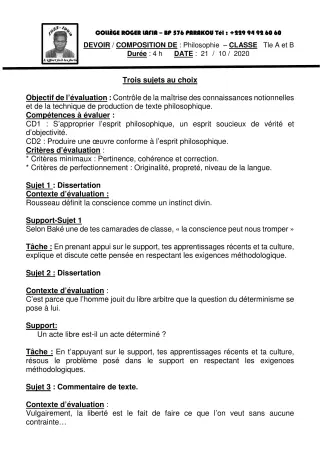 Première page de Philosophie Tle A1, Tle A2, Tle B — Composition (2020-2021) · CPEG Roger LAFIA