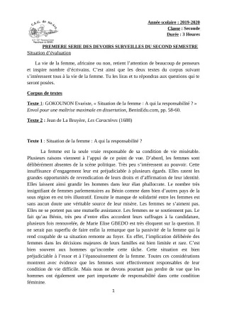 Première page de Français 2nde A1, 2nde B, 2nde C, 2nde D — 1er devoir surveillé, 2e semestre (2019-2020) · CEG Sô-Ava