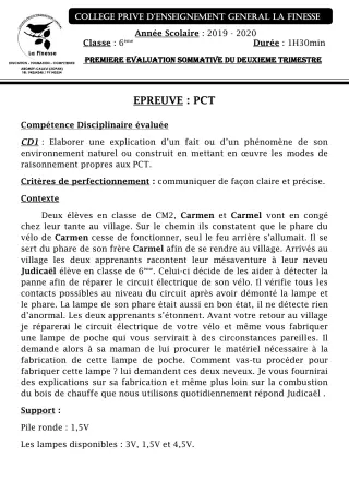 Première page de PCT 6e — 1re évaluation sommative, 2e trimestre (2019-2020) · CPEG La Finesse