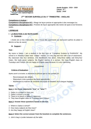 Première page de Anglais 6e — 2e devoir surveillé, 1er trimestre (2019-2020) · CPEG LE PHARAON