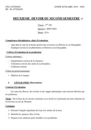 Première page de Histoire-Géographie 2nde D — 2e devoir surveillé, 2e semestre (2019-2020) · CEG Attogon