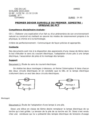 Première page de PCT 6e — 1er devoir surveillé, 1er semestre (2019-2020) · CEG du Lac