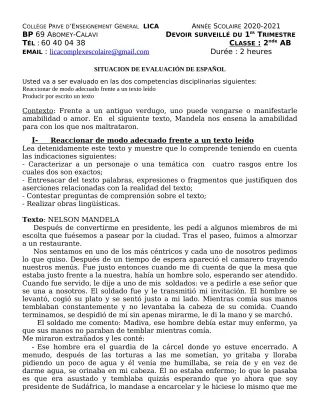 Première page de Espagnol 2nde A2, 2nde B, 1ère A2, 1ère B — 1er devoir surveillé, 1er trimestre (2020-2021) · CPEG LICA