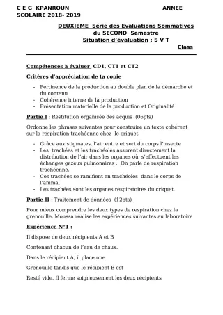 Première page de SVT 6e — 2e évaluation sommative, 2e semestre (2018-2019) · CEG Kpanroun