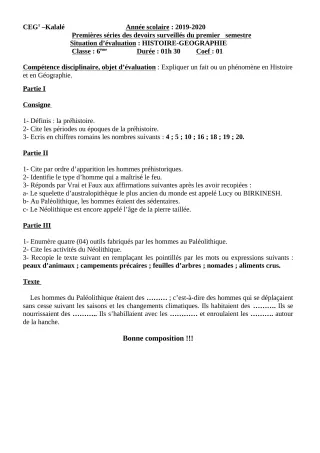 Première page de Histoire-Géographie 6e — Devoir surveillé, 1er semestre (2019-2020) · CEG1 Kalalé