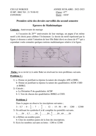 Première page de Mathématiques 6e — 1er devoir surveillé, 2e semestre (2022-2023) · CEG LE NOKOUE