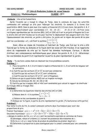 Première page de Mathématiques 3e — 2e production scolaire, 2e semestre (2022-2023) · CEG GOHO