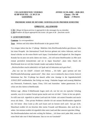Première page de Allemand Tle A1, Tle A2, Tle B — 1er devoir surveillé, 1er semestre (2020-2021) · CEG Kouhounou-Vêdoko