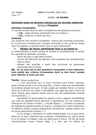 Première page de Espagnol 4e — 2e devoir surveillé, 2e semestre (2022-2023) · CEG SEKERE