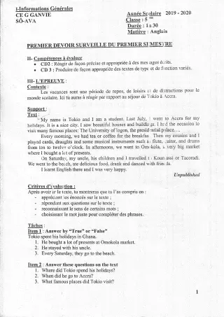 Première page de Anglais 5e — 1er devoir surveillé (2019-2020) · CEG Ganvié