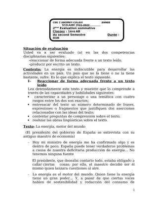Première page de Espagnol 1ère A & B — 2e évaluation sommative, 2e semestre (2021-2022) · CEG2 ABOMEY - CALAVI (CEG ZOCA)