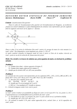 Première page de Mathématiques 6e — 2e devoir surveillé, 1er semestre (2018-2019) · CEG Le Plateau