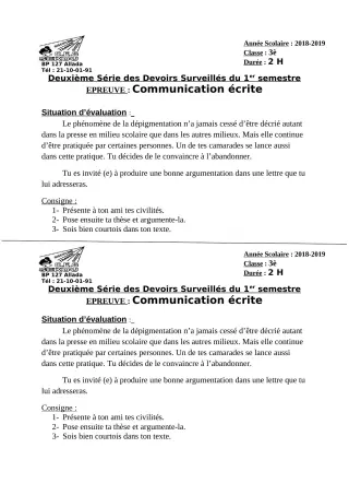 Première page de Français 3e — 2e devoir surveillé, 1er semestre (2018-2019) · CEG Sékou