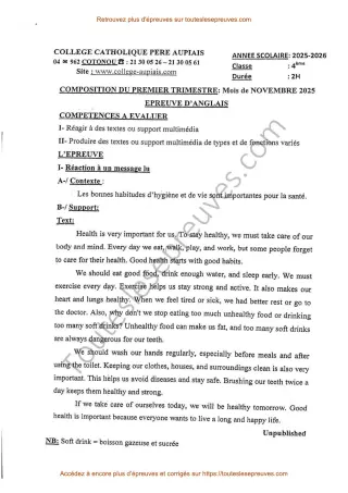 Première page de Anglais 4ème – Composition du 1er trimestre 2025-2026 – Compréhension et production écrite sur l’hygiène, la santé et le paludisme – Collège Catholique Père Aupiais