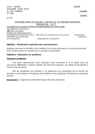 Première page de SVT 2nde A & B — 2e devoir surveillé, 1er semestre (2018-2019) · CEG PAHOU