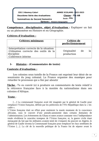 Première page de Histoire-Géographie Tle B — 2e évaluation sommative, 2e semestre (2022-2023) · CEG2 ABOMEY - CALAVI (CEG ZOCA)