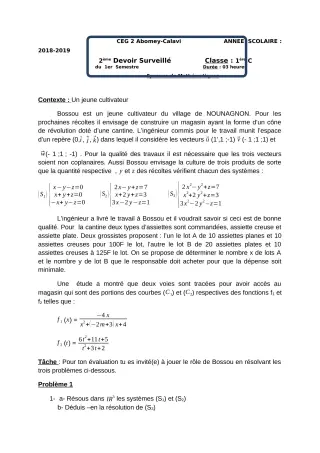 Première page de Mathématiques 1ère C — 2e devoir surveillé, 1er semestre (2018-2019) · CEG2 ABOMEY - CALAVI (CEG ZOCA)