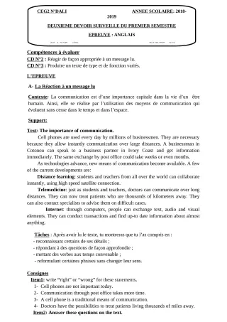 Première page de Anglais 4e, 4e ML — 2e devoir surveillé, 1er semestre (2018-2019) · CEG 2 N'DALI