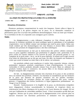 Première page de Français 3e — 1re production scolaire, 1er semestre (2022-2023) · CEG1 Ikpinlè