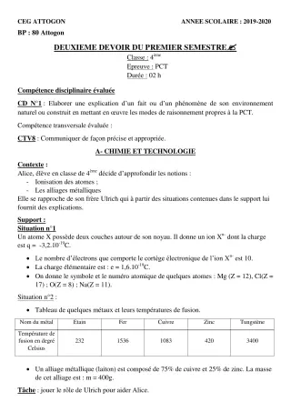 Première page de PCT 4e — 2e devoir surveillé, 1er semestre (2019-2020) · CEG Attogon