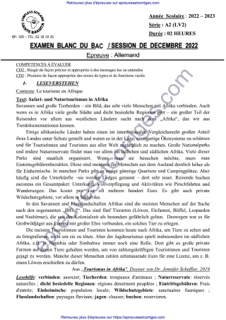 Première page de Bac 2026 – Allemand LV2 Série A2, Bac blanc décembre 2025 (tourisme en Afrique, compréhension et production)