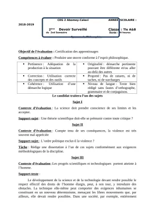 Première page de Philosophie Tle A1, Tle A2, Tle B — Devoir surveillé, 2e semestre (2018-2019) · CEG2 ABOMEY - CALAVI (CEG ZOCA)