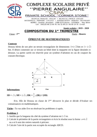 Première page de Mathématiques 3e, 3e ML — 3e composition (2019-2020) · CPEG PIERRE ANGULAIRE