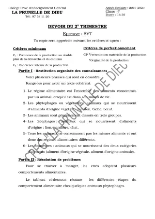 Première page de SVT 6e — Devoir surveillé, 2e trimestre (2019-2020) · CEPG La Prunelle de Dieu