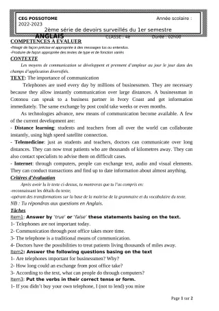 Première page de Anglais 4e — 2e devoir surveillé, 1er semestre (2022-2023) · CEG POSSOTOME