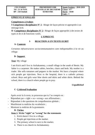 Première page de Anglais 6e — Devoir surveillé, 2e semestre (2018-2019) · CEG PAHOU