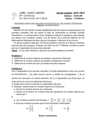 Première page de Mathématiques 2nde A2, 2nde B — 1er devoir surveillé, 2e trimestre (2023-2024) · CPEG SAINT Justin